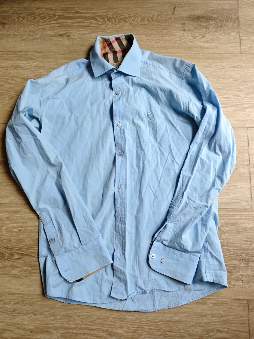 Burberry Light Blue Men's Dress Shirt with Signature Check Trim (fair condition)